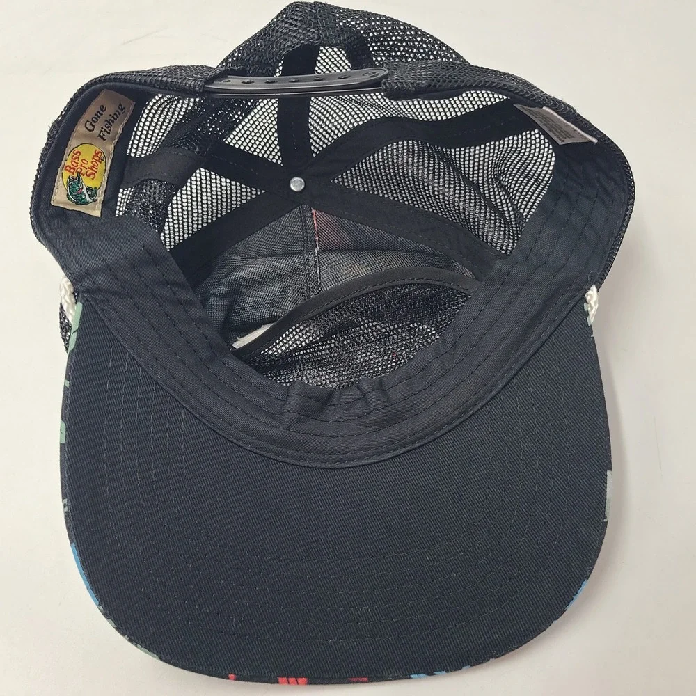Bass Pro Shops Hat Snapback Trucker Mesh Black Floral Rope Tropical Fish Outdoor